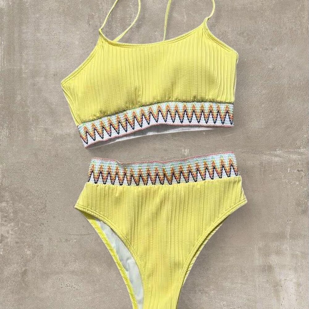 Women's Yellow High Waisted Ribbed Amazon Swimsuit SIZE MEDIUM